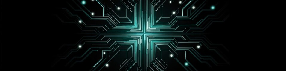 Wall Mural - fractal design resembling microchip connections in teal and silver against a black background, digit