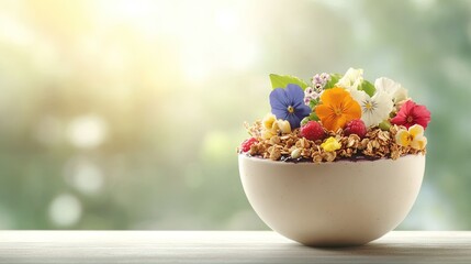 Vibrant acai bowl adorned with edible flowers and granola, positioned by a sunlit window, embodies health and summer aesthetics.