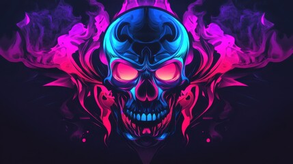 Wall Mural - Neon Skull Glowing with Vibrant Pink and Blue Smoke creates a Dark and Spooky Atmosphere.