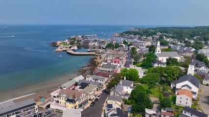 Canvas Print - Rockport Harbor aerial view including Bearskin Neck and Motif Number 1 building in historic waterfront village of Rockport, Massachusetts MA, USA. 