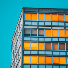 Wall Mural - Illuminated building corner, twilight sky. City architecture, evening glow