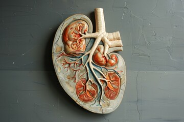 Wall Mural - Vintage anatomical model of human kidney showing internal structure for medical education