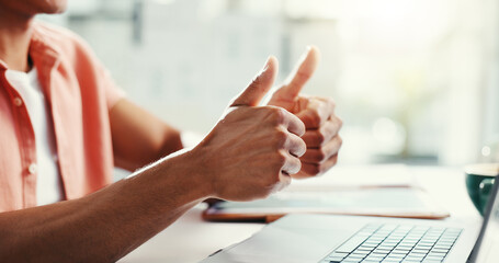 Poster - Laptop, thumbs up and video call with business person at desk in office for virtual meeting or webinar. Agreement, deal and success with design employee in creative workplace for feedback or support