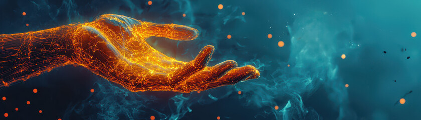 Wall Mural - glowing hand reaching out, surrounded by vibrant particles and smoke
