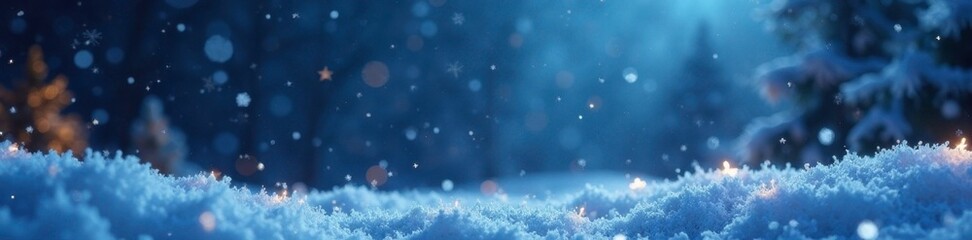 Wall Mural - Twinkling snowflakes fall gently on a frosty landscape at night, magical, festive, snow