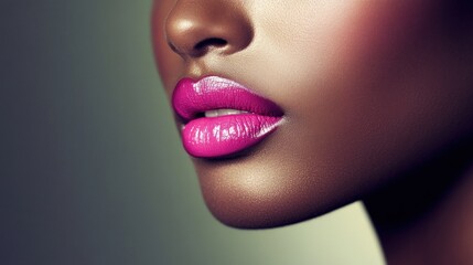 Wall Mural - Close-Up Portrait of a Woman's Lips with Pink Gloss