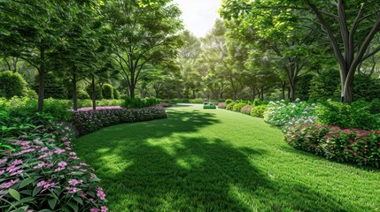 Lush green garden with vibrant flowers under bright sunlight, showcasing serene nature scene