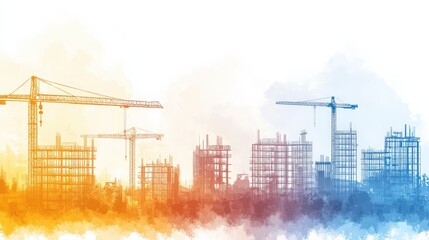 Wall Mural - Construction site skyline with cranes and buildings under development at sunset