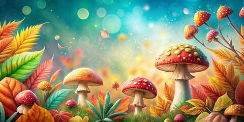 Wall Mural - Cute Mushroom & Leaf Banner: Hand-Drawn Fungi Nature Border Pattern