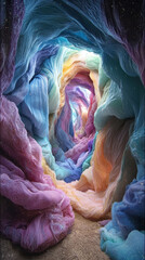 Wall Mural - surreal depiction of colorful fabrics flowing in cave like structure, creating dreamlike atmosphere