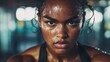 © Santy Hong - A powerful portrait of a woman boxer in a gym, sweat dripping, strong and determined gaze
