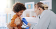 © peopleimages.com - Kid, doctor and stethoscope for healthcare exam, heart check up and cardiology in clinic. Pediatrician, lung and woman with child for breathing test, consultation and medical assessment for wellness