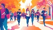 © Santy Hong - A vibrant vector illustration of college students walking to class, carrying books and backpacks, surrounded by a colorful campus environment
