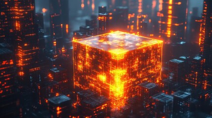 Wall Mural - Glowing Holographic Cube Illuminated in a Digital Cityscape