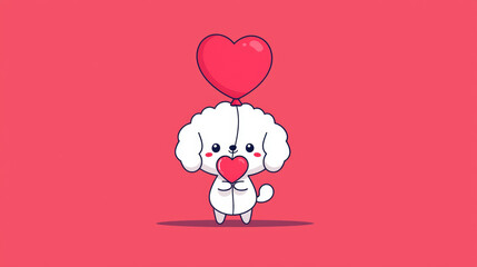 Poster - Poodle illustration, A poodle holds a heart-shaped balloon in this high-fidelity image, perfect for romantic or playful themes.