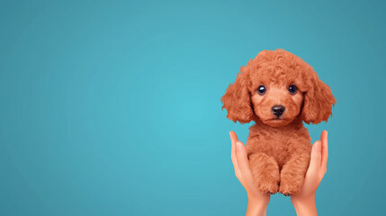 Wall Mural - Poodle illustration, A gentle poodle puppy being cradled in two hands, showcasing a moment of care and affection.