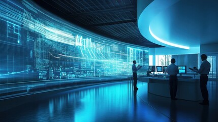 Wall Mural - high-tech monitoring room for water supply systems, with engineers analyzing digital water flow data