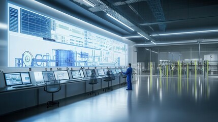 Wall Mural - high-tech monitoring room for water supply systems, with engineers analyzing digital water flow data