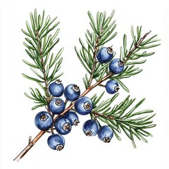 Hand-Drawn Juniper Branch Featuring Berries 