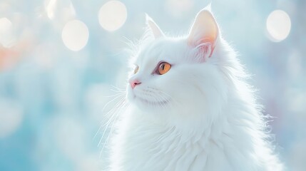 Wall Mural - Fluffy white Persian cat with striking amber eyes sitting against a softly blurred pastel background, leaving space for text.