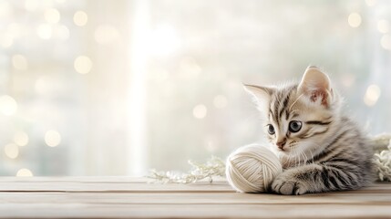 Wall Mural - Playful kitten pawing at a ball of yarn on a wooden table, with a softly blurred neutral background and room for copy.