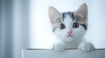 Wall Mural - White and brown spotted kitten peeking out of a cardboard box with a minimalistic background and open space for text.