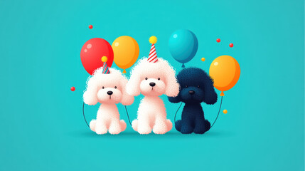 Poster - Poodle illustration, Poodles in small party hats, capturing a fun and festive moment, perfect for celebrations and pet-related content.