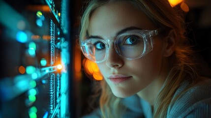 Woman programmer coding late night, office bokeh background, data analysis