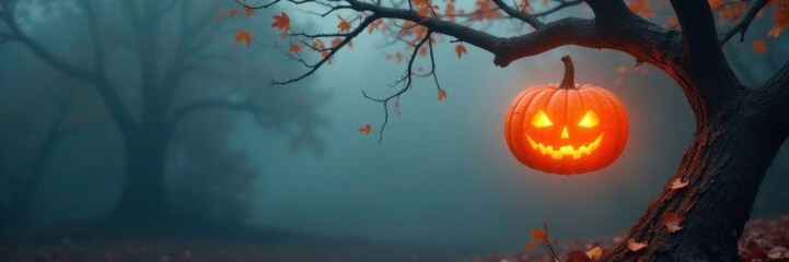 Wall Mural - Twisted branches with a glowing pumpkin hanging from the top, foggy, misty, autumn