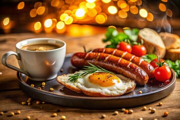 Wall Mural - Delicious Set Breakfast: Coffee, Fried Eggs & Sausages with Bokeh Background