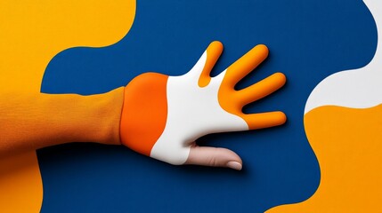 Abstract Hand and Color: A stylized image featuring a hand painted in bold orange and white against a vibrant blue and orange background. The organic shapes create a dynamic and modern aesthetic.