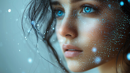 Wall Mural - digital art of woman’s face with futuristic blue light grid and technological aura imagery