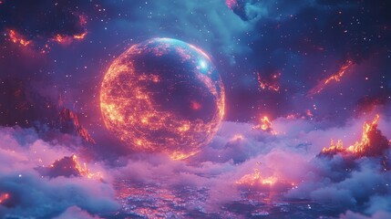 Wall Mural - Futuristic 3D Globe Surrounded by Colorful Clouds and Streaming Light