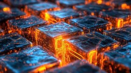 Wall Mural - glowing data packets in dynamic blue and orange arrangement close up