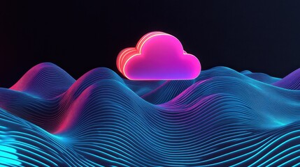 Wall Mural - Creative Glowing Cloud Icon Design Over Dynamic Wavy Background