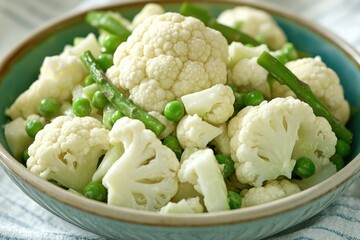 Poster - A colorful dish of pasta, peas, and cauliflower served in a bowl.