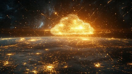 Wall Mural - Glowing Cloud Symbol Floating Above Global Map in Cosmic Space