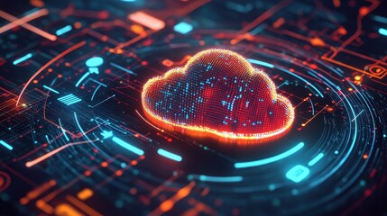 Wall Mural - Glowing Digital Cloud with Data Transfer Arrows and Network Elements