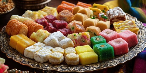 a platter of various sweets and candies, offering a colorful array with diverse textures.