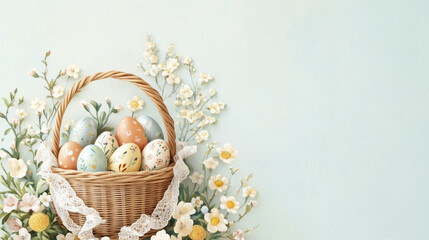 vintage inspired Easter scene with wicker basket of painted eggs and flowers