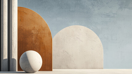 Poster - Minimalist geometric composition with concrete textures, featuring arches and sphere in soft light