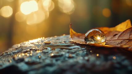 Poster - dewdrop rests on leaf with sunlight reflecting, creating serene and natural macro scene