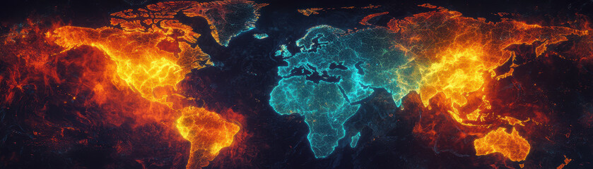Wall Mural - vibrant world map with glowing orange and blue patterns representing heat