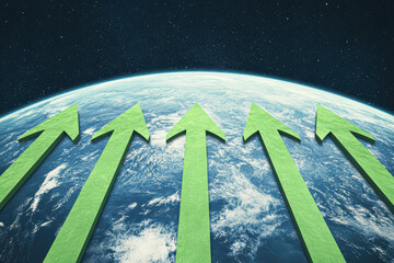 Wall Mural - A green arrow pointing up is shown on a blue background
