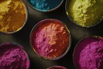 Wall Mural - Multi-colored paint powders in various containers, ready to be used for artistic and creative purposes.