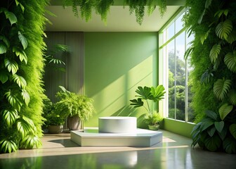 Wall Mural - Eco-Friendly Product Showcase: Bright Room with Podium & Greenery