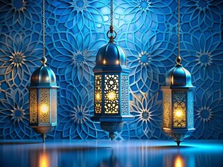 Wall Mural - Eid al-Fitr: Minimalist Blue Geometric Lantern Background - Islamic Festive Stock Photo