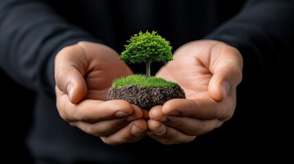 Wall Mural - Protecting Our Planet: A pair of hands gently cradles a small tree and patch of earth, symbolizing environmental care and sustainability.  