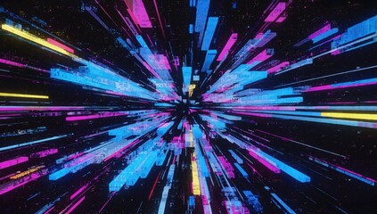 Wall Mural - digital glitch noise texture with purple color shifts, distorted pixels and neon glow, futuristic cy