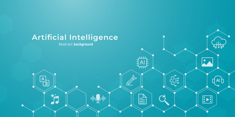 Poster - Concept of Artificial intelligence. Hexagonal molecules and ai icon abstract background for innovation technology, and Machine learning technology vector illustration.
